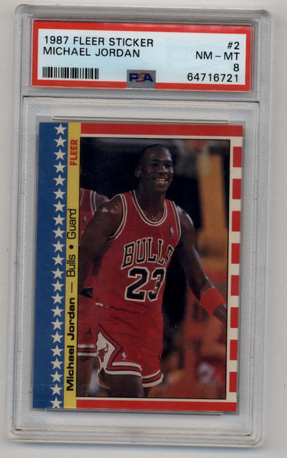 PSA-graded 1987 Fleer Sticker of Michael Jordan in red #23 jersey trading card