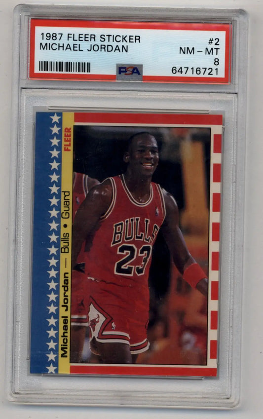 PSA-graded 1987 Fleer Sticker of Michael Jordan in red #23 jersey trading card