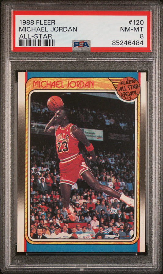 Graded Michael Jordan basketball trading card from 1988 Fleer set in PSA 8 NM-Mint condition