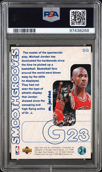 PSA-graded basketball card of Michael Jordan in red jersey from Upper Deck Smooth Grooves