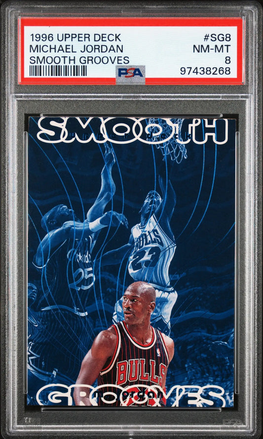 PSA-graded Michael Jordan 1996 Upper Deck Smooth Grooves basketball card in red jersey