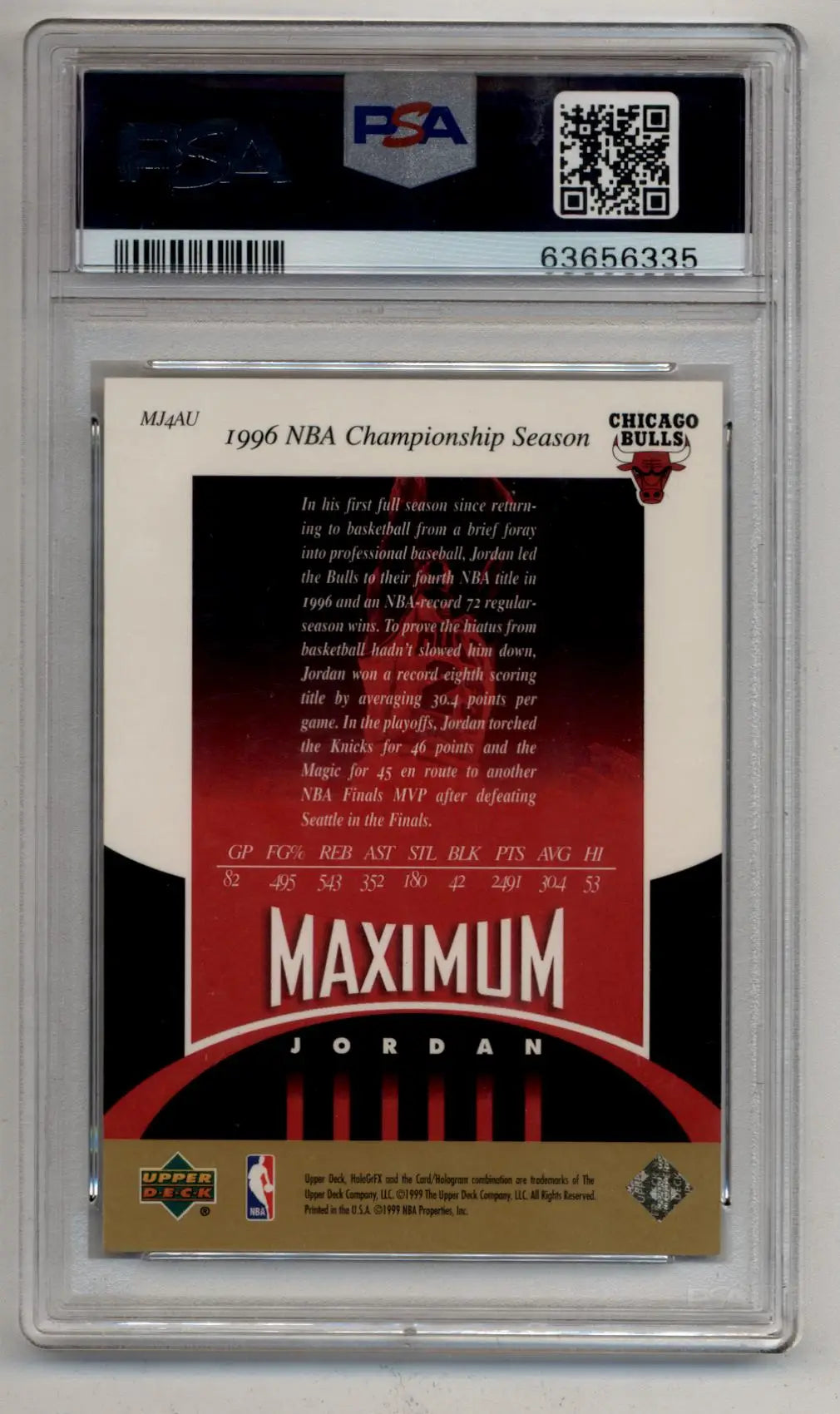 PSA-graded Michael Jordan 1999-00 U.D. HOLOGrFX MJ4 Maximum trading card in mint condition