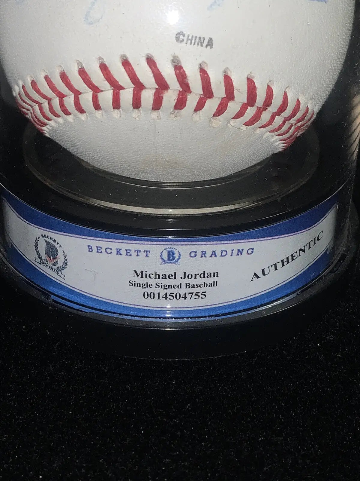 Michael Jordan signed Rawlings Southern League baseball in display case