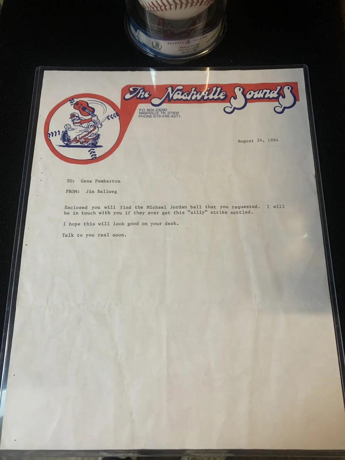 Framed Nashville Sounds letter with Michael Jordan Signed Rawlings Southern League Baseball