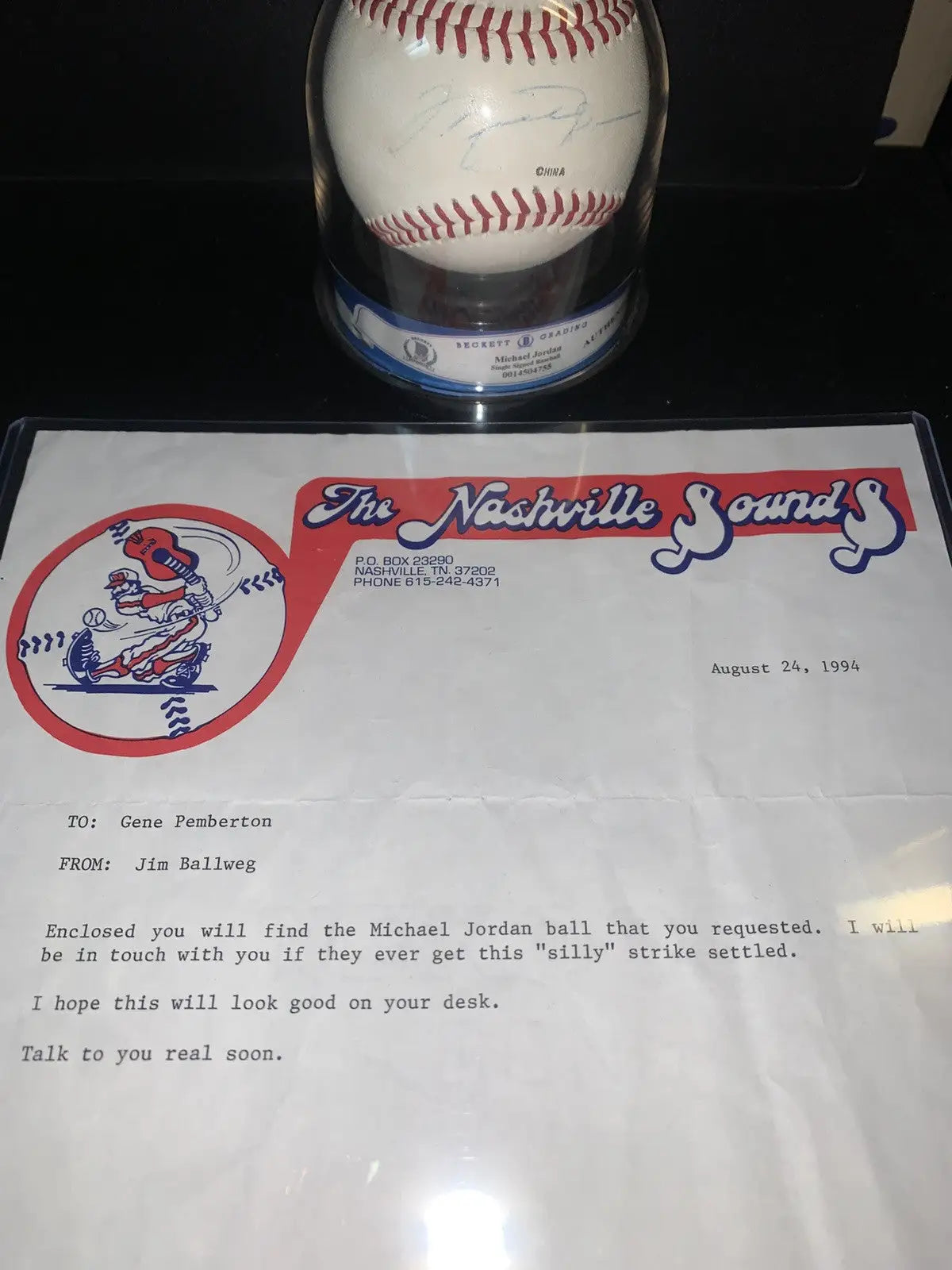 Michael Jordan signed Rawlings Southern League baseball with authentication letter