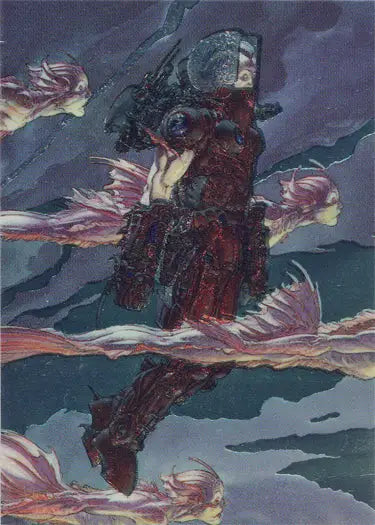Humanoid in red armor floats among jellyfish in Metallic Storm Chase Card art