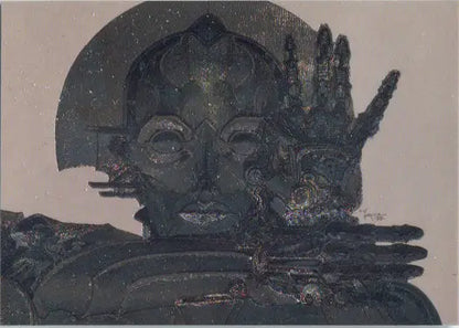 Stylized metallic sculpture of a human face in Michael Kaluta’s Metallic Storm Chase card