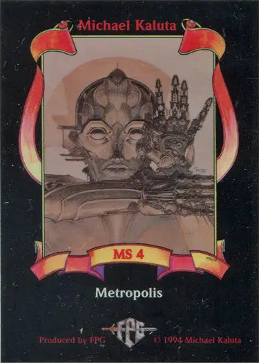 Surrealist artwork of a metallic face and robotic hand in Michael Kaluta’s Metallic Storm Chase