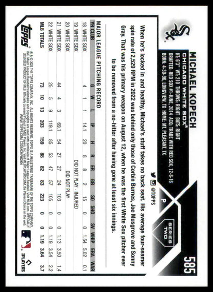 Michael Kopech baseball card from 2023 Topps #585 Chicago White Sox collection