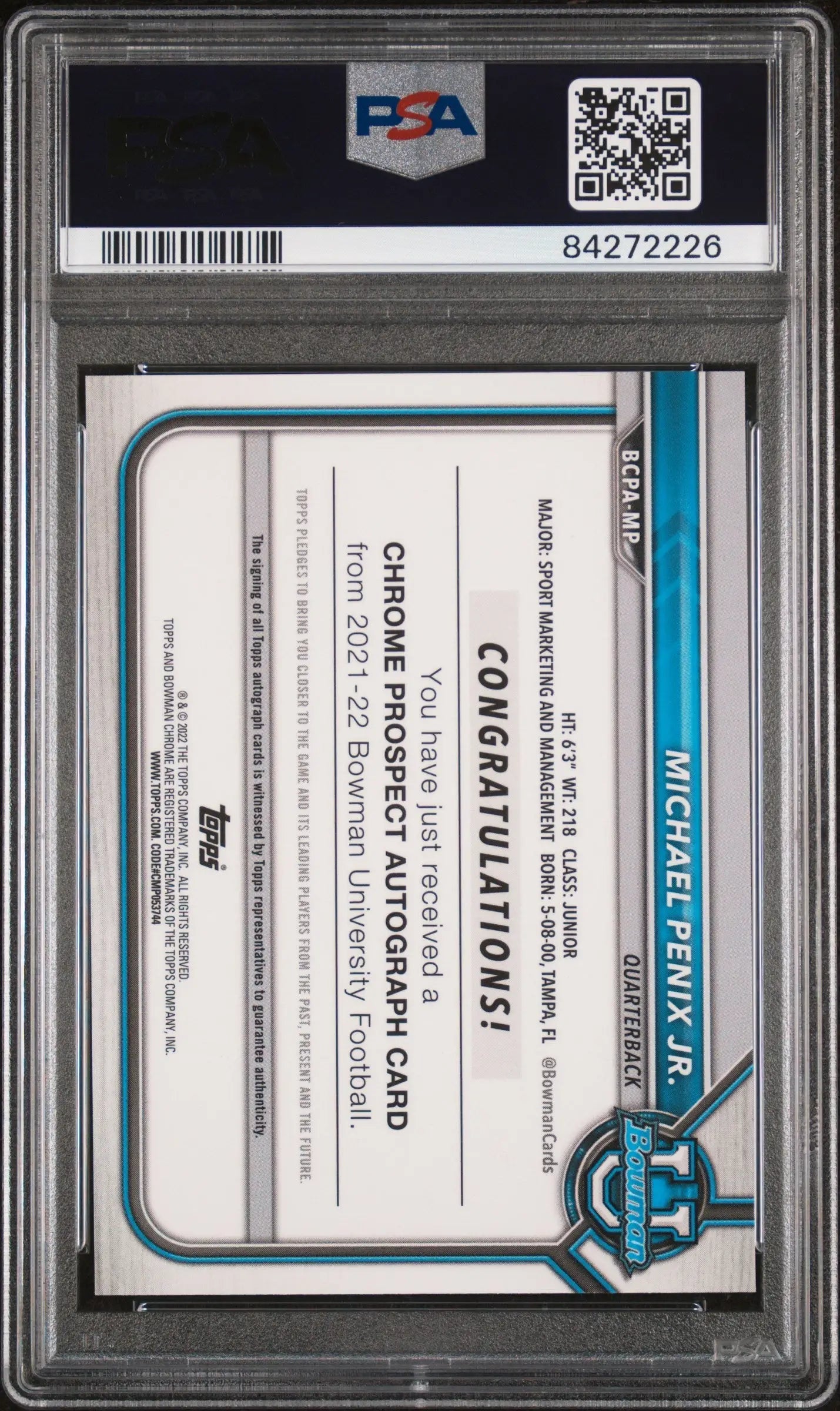 Graded Michael Penix Jr Bowman University Auto Prospect Autograph Football Card PSA 9