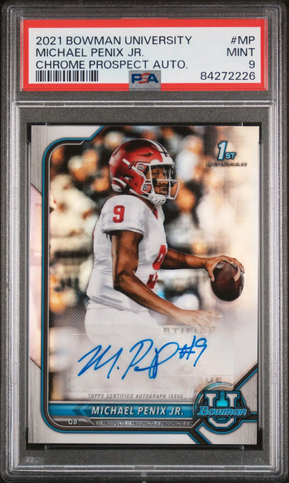 A graded 2021 Bowman University Auto Michael Penix Jr. football card PSA 9 Mint