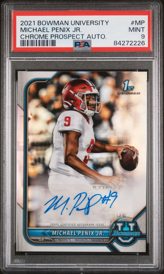 A graded 2021 Bowman University Auto Michael Penix Jr. football card PSA 9 Mint