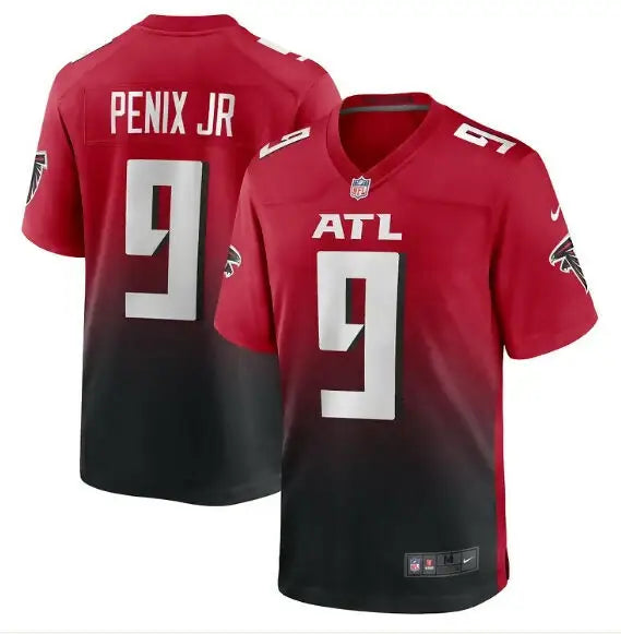 Red and black gradient NFL jersey featuring number 9 for Michael Penix Jr. Atlanta Falcons