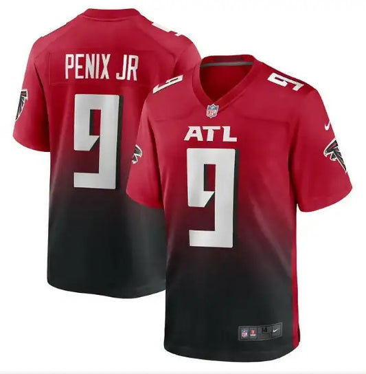 Red and black gradient NFL jersey featuring number 9 for Michael Penix Jr. Atlanta Falcons