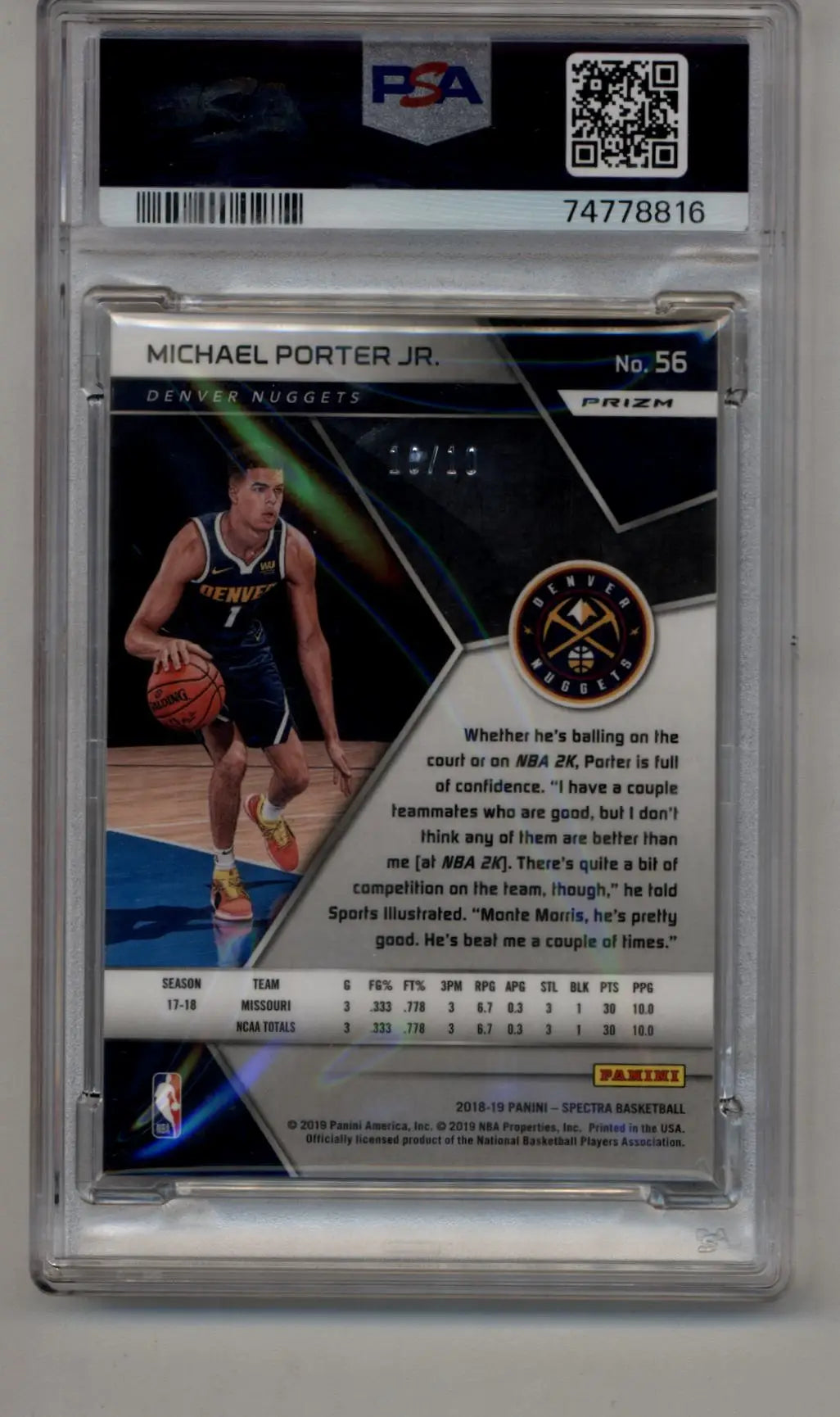 Michael Porter Jr Spectra Gold 2018-19 basketball trading card graded PSA 9 Mint