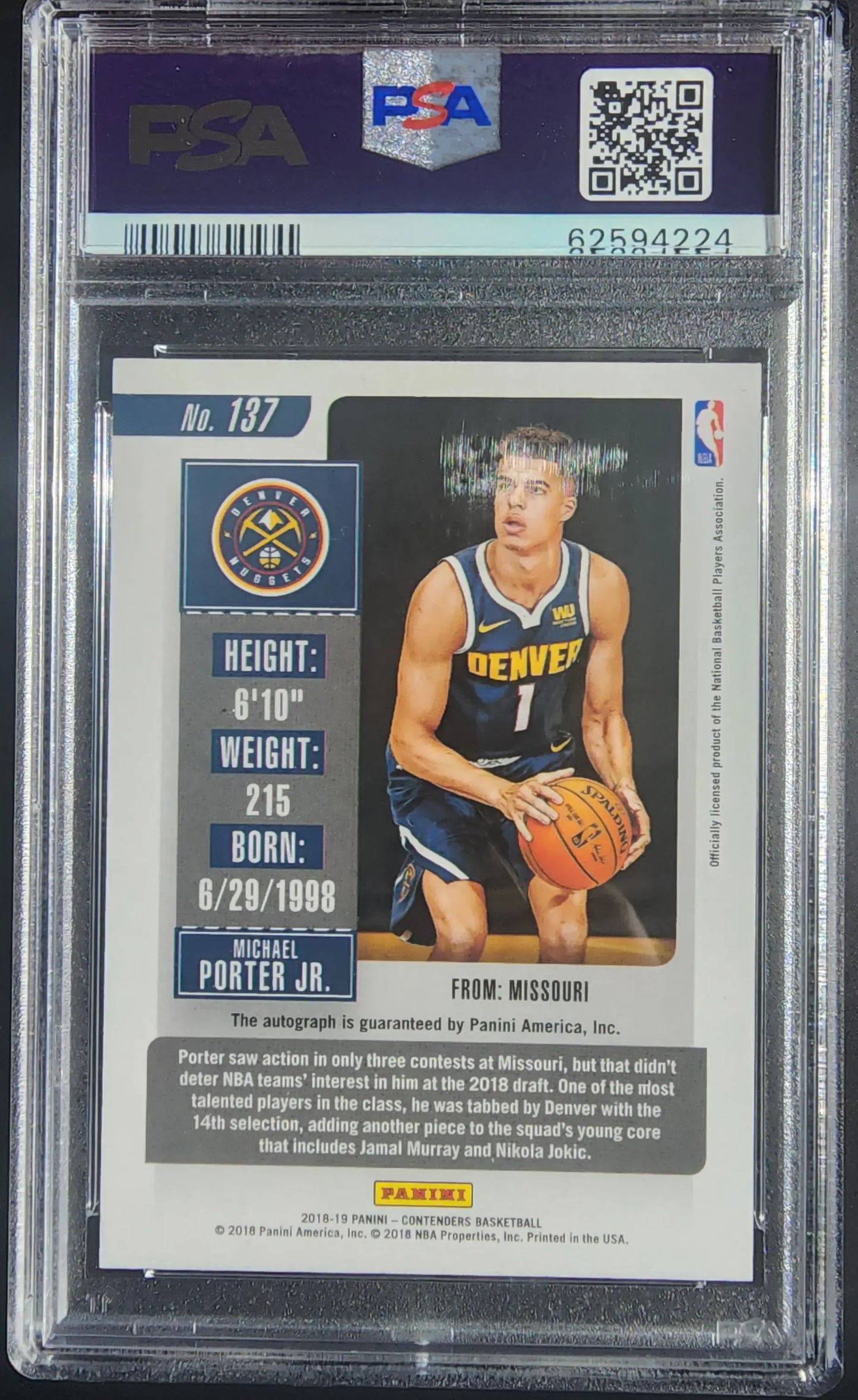 Graded Michael Porter Jr. 2018 Contenders Playoff Auto Basketball Trading Card PSA 9