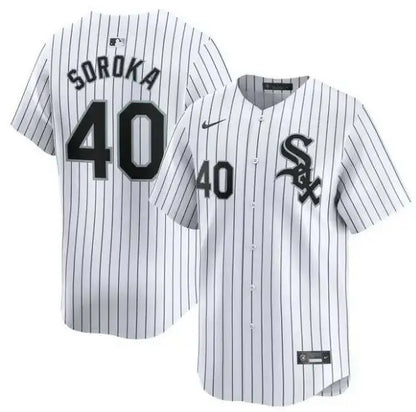 White pinstripe Michael Soroka Chicago White Sox Nike Player Jersey on display