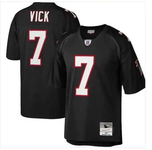 Black Michael Vick Atlanta Falcons jersey with white VICK and number 7 with red trim