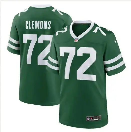 Green New York Jets Michael Clemons game jersey with white number 72 and name Clemons
