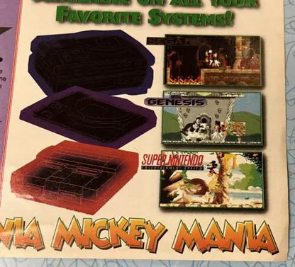 Mickey Mania Timeless Adventures Mickey Mouse video game advertisement for collectors like trading cards
