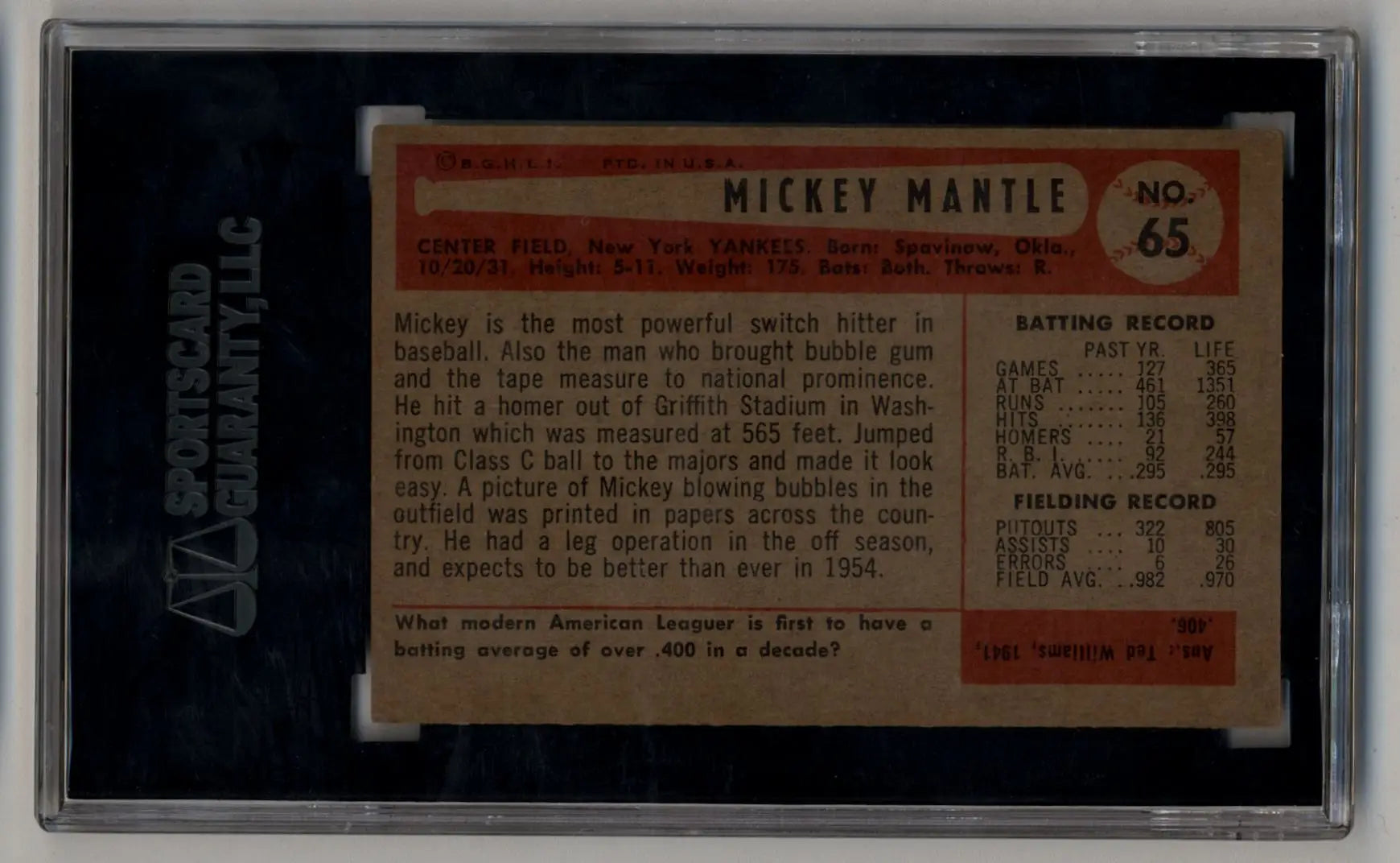 Mickey Mantle 1954 Bowman #65 trading card in protective case showing statistics