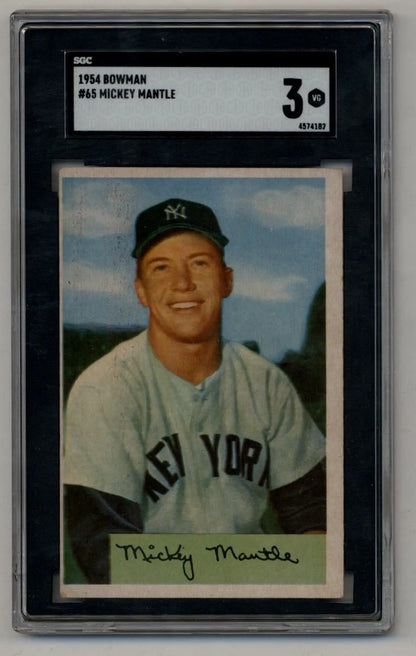 Graded Mickey Mantle 1954 Bowman #65 baseball card in protective case SGC 3