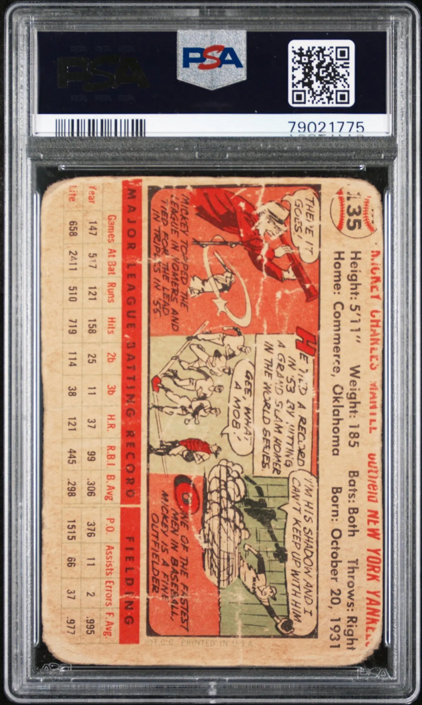 Mickey Mantle 1956 Topps #135 White Back in PSA Authentic Altered protective case