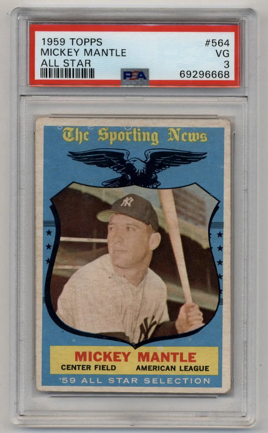 Graded 1959 Topps Mickey Mantle baseball card PSA 3 Very Good display