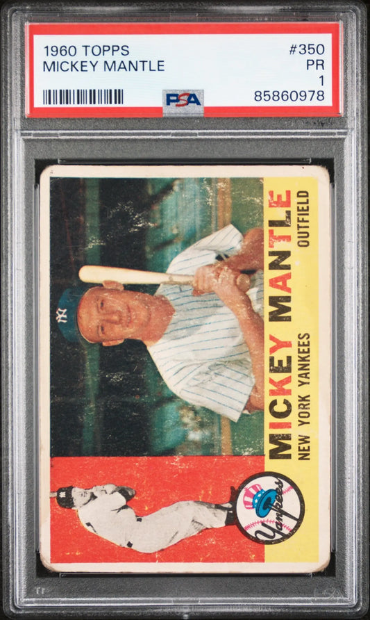 Graded 1960 Topps Mickey Mantle baseball card PSA 1 Poor front view