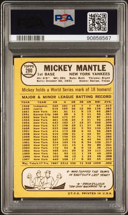 Back side of a vintage 1963 Topps baseball card featuring Mickey Mantle’s statistics