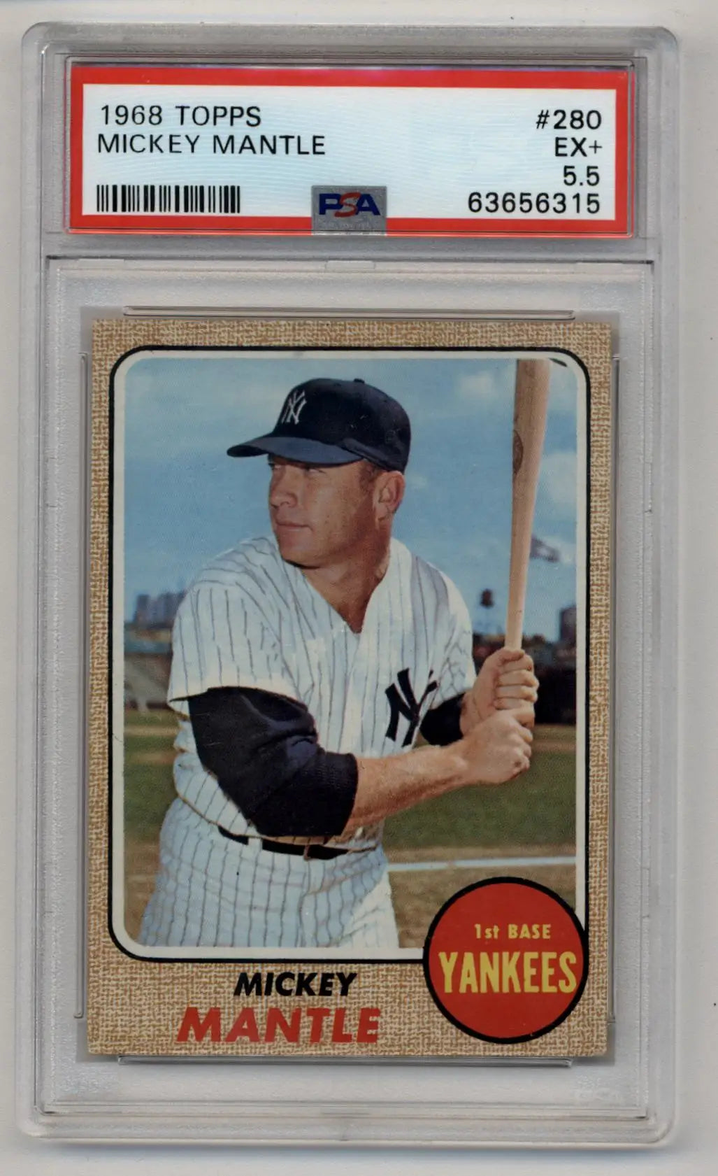 Graded 1968 Topps Mickey Mantle baseball card PSA 5.5 Excellent+ display