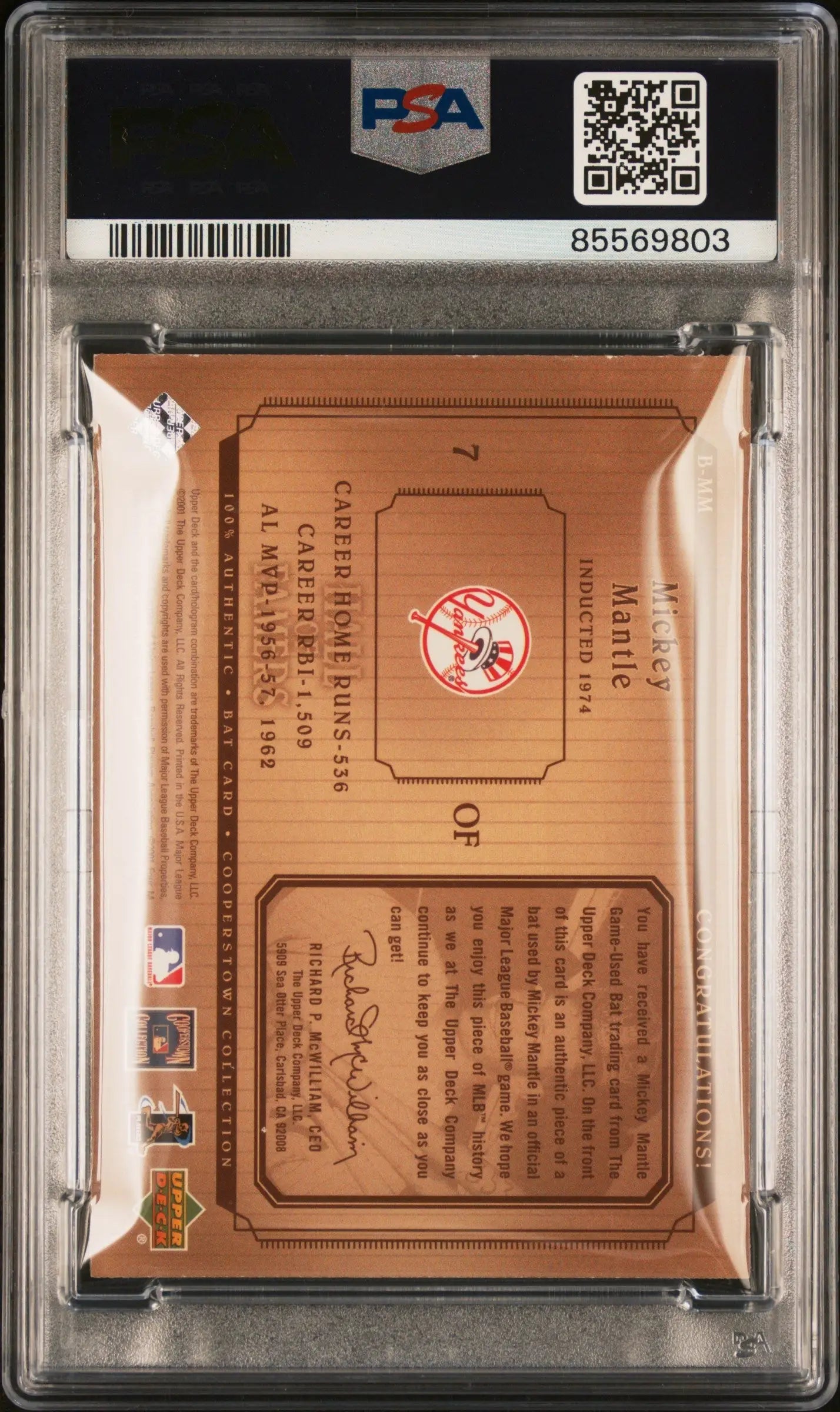 Graded Mickey Mantle baseball card in protective case from Upper Deck Hall of Famers Bat PSA Authentic