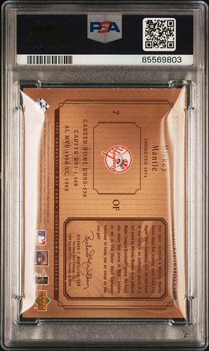Graded Mickey Mantle baseball card in protective case from Upper Deck Hall of Famers Bat PSA Authentic