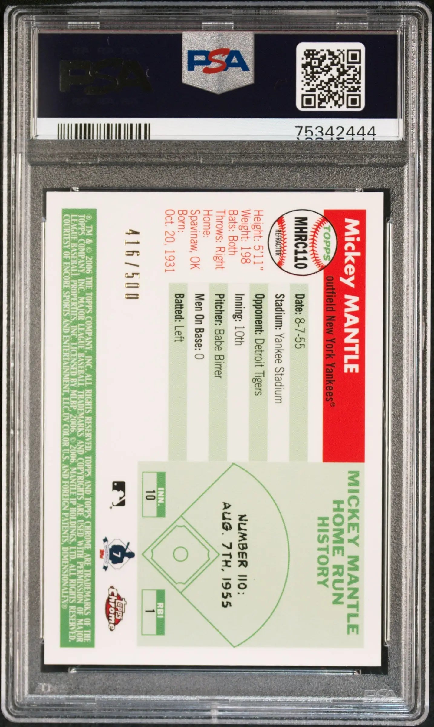 Graded Mickey Mantle Topps Chrome Home Run baseball card Columbia Hobby PSA 10