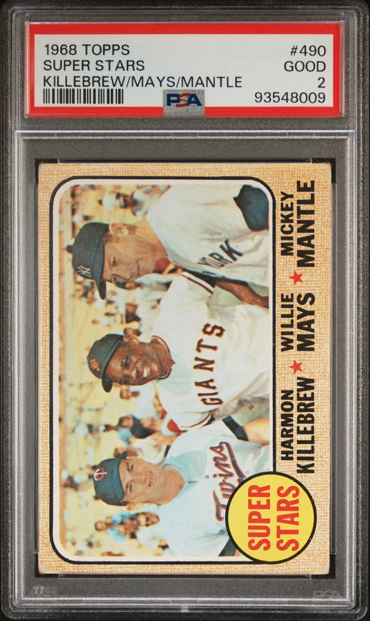 PSA-graded 1968 Topps Super Stars card featuring Mickey Mantle, Willie Mays, and Harmon Killebrew