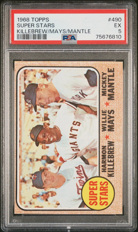 1968 Topps Super Stars baseball card with Mickey Mantle, Willie Mays, and Harmon Killebrew in PSA holder