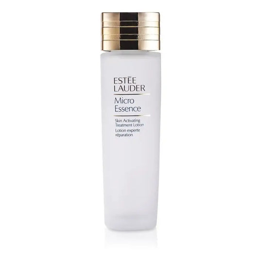 Estee Lauder Micro Essence Skin Activating Treatment Lotion in white bottle with gold cap