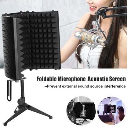 Foldable microphone isolation shield with sound-absorbing foam for studio mic sound