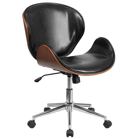 Mid-Back Walnut / Black Faux Leather Office Chair with Curved Bentwood Seat - Office Chair