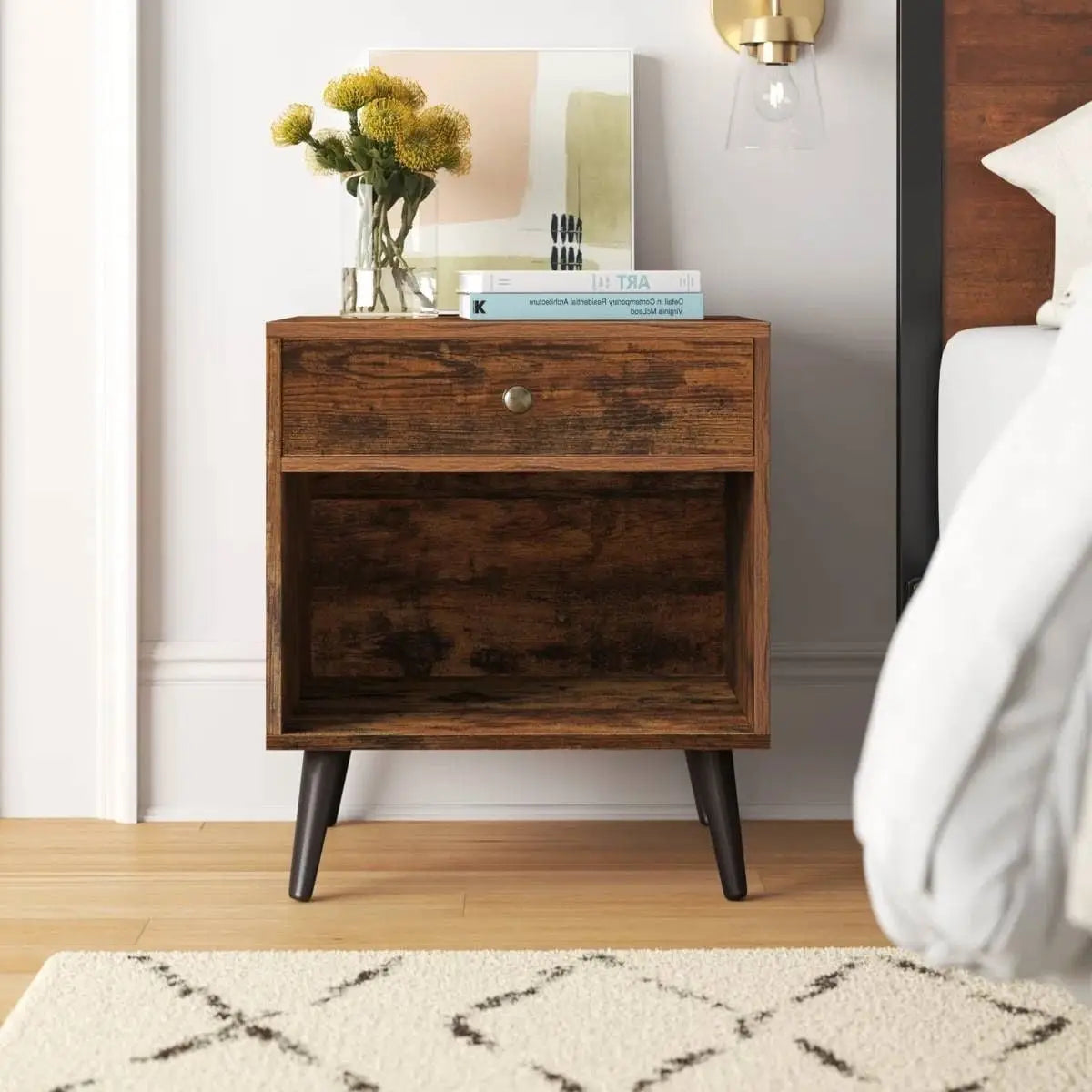 Mid-Century Farmhouse Bedroom 1-Drawer Nightstand End Table with Open Shelf - Nightstand