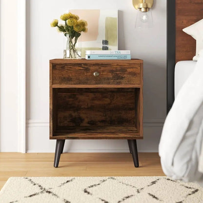 Mid-Century Farmhouse Bedroom 1-Drawer Nightstand End Table with Open Shelf - Nightstand