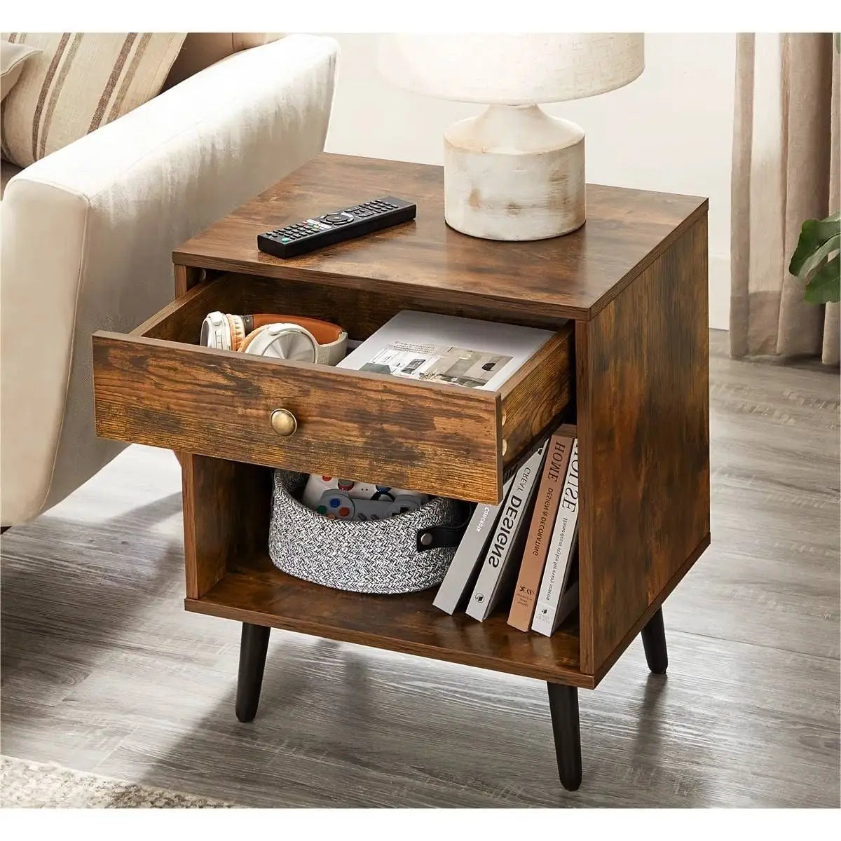 Mid-Century Farmhouse Bedroom 1-Drawer Nightstand End Table with Open Shelf - Nightstand