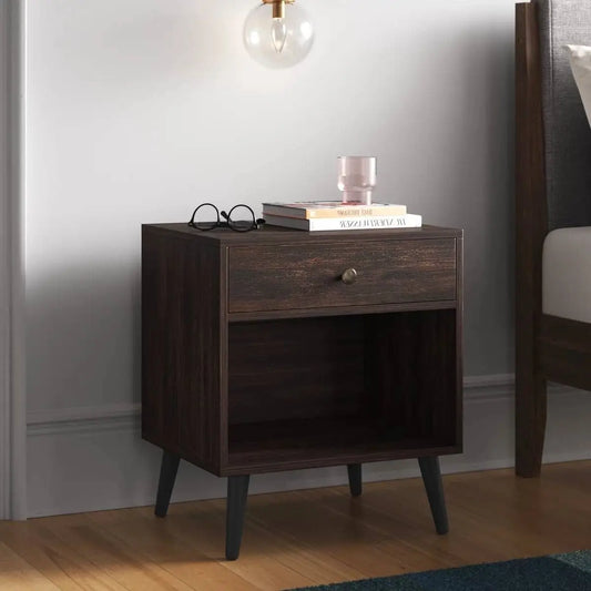 Mid-Century Modern 1-Drawer Nightstand End Table in Dark Brown Wood Finish - Nightstand