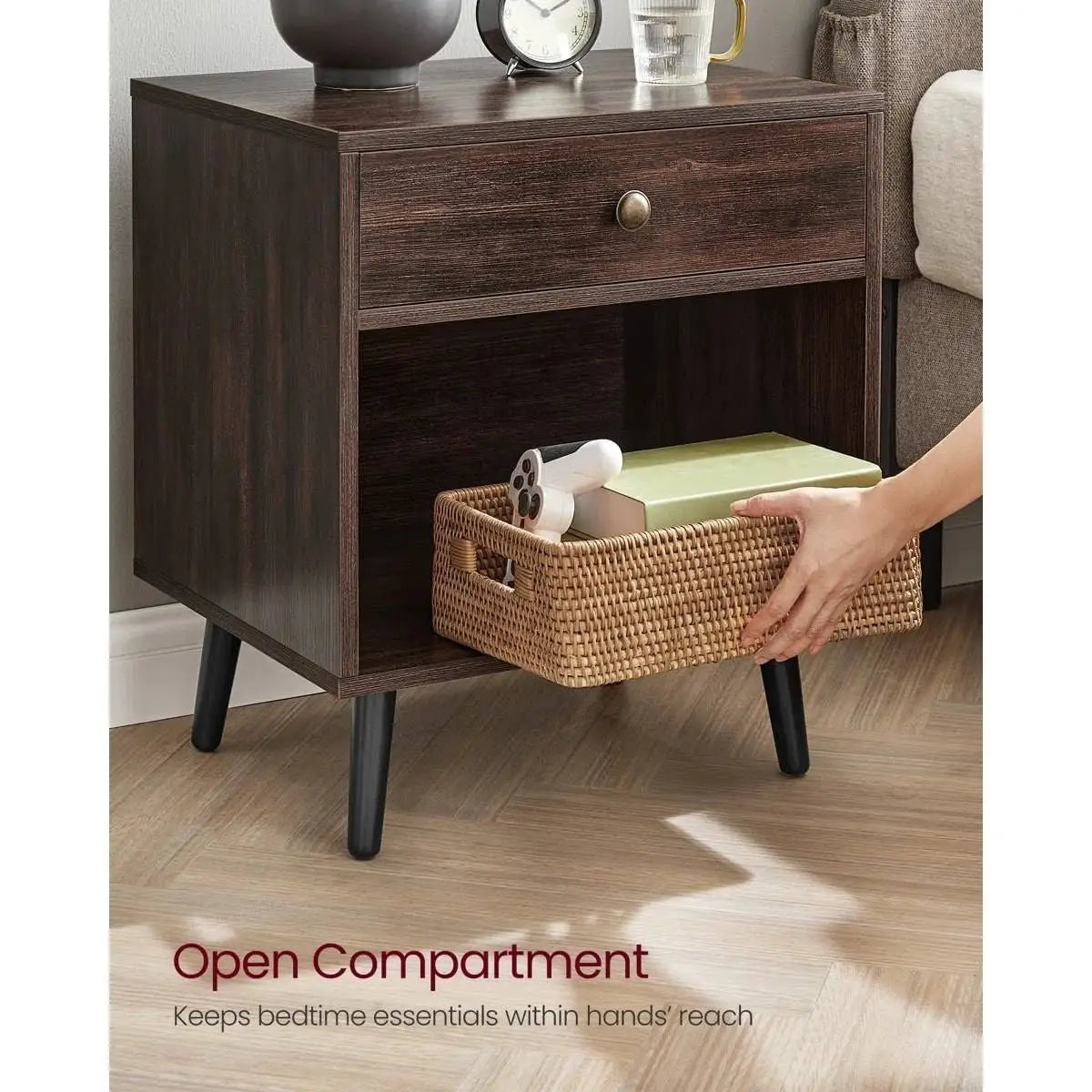 Mid-Century Modern 1-Drawer Nightstand End Table in Dark Brown Wood Finish - Nightstand