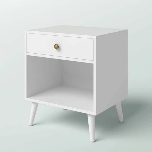 Mid-Century Modern Bedroom 1-Drawer Nightstand End Table in White Wood Finish - Nightstand