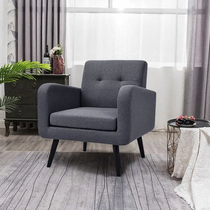Mid-Century Modern Grey Linen Upholstered Accent Chair with Wooden Legs - Living Room > Accent Chairs