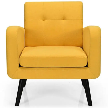Mid-Century Modern Yellow Linen Upholstered Accent Chair with Wooden Legs - Living Room > Accent Chairs