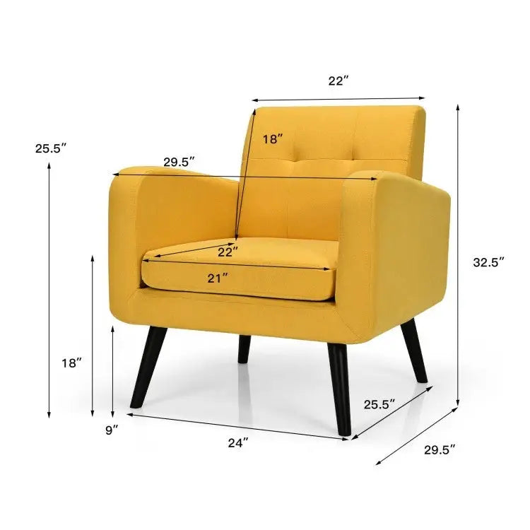 Mid-Century Modern Yellow Linen Upholstered Accent Chair with Wooden Legs - Living Room > Accent Chairs