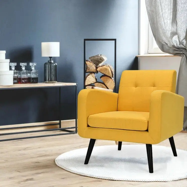 Mid-Century Modern Yellow Linen Upholstered Accent Chair with Wooden Legs - Living Room > Accent Chairs