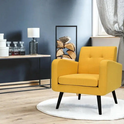 Mid-Century Modern Yellow Linen Upholstered Accent Chair with Wooden Legs - Living Room > Accent Chairs